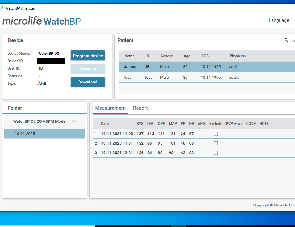 WatchBP Analyzer with my first three measurements