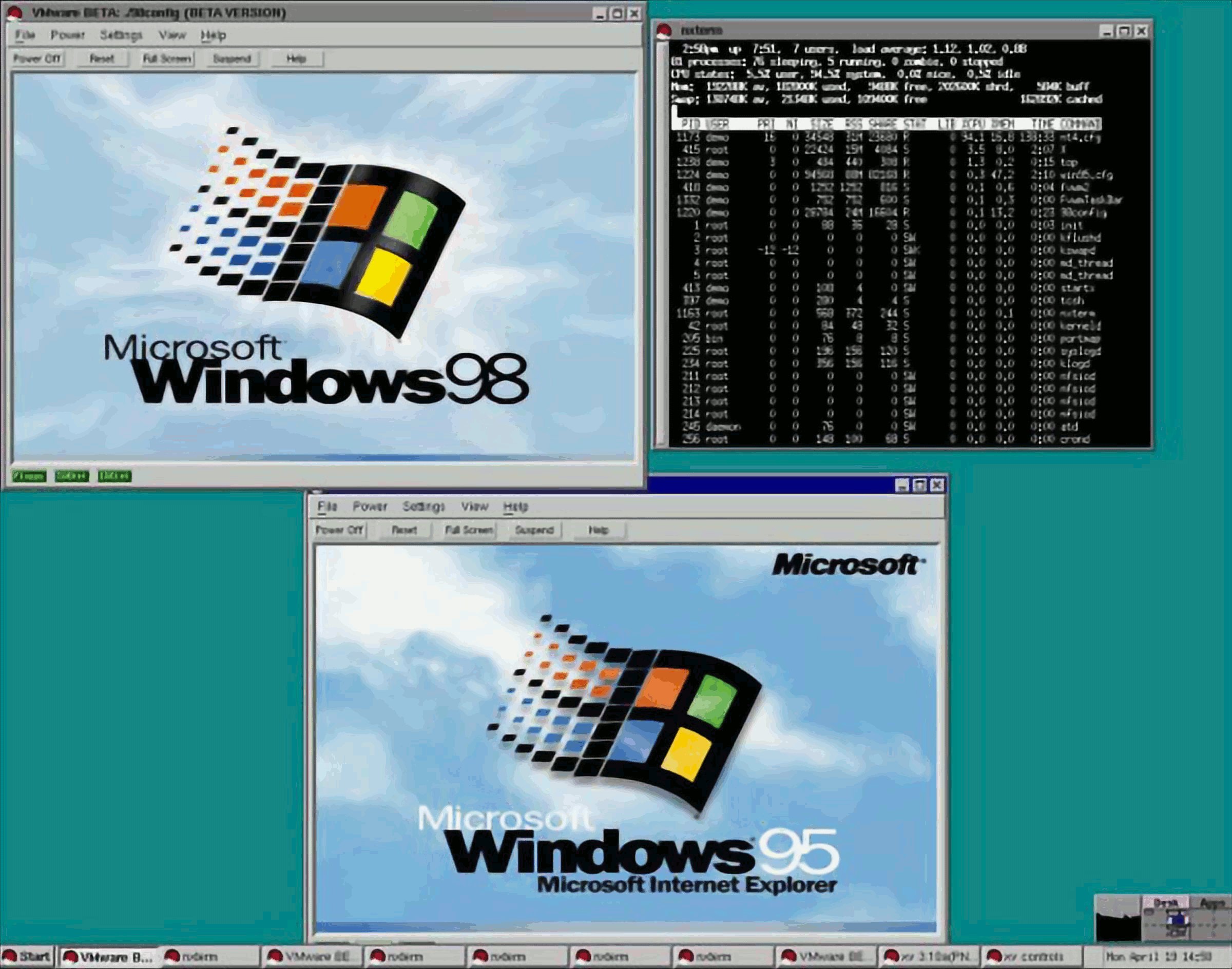 A Red Hat Linux desktop running VMWare Workstation, two virtual machines running Windows 95 and Windows 98, and a terminal window showing the output of the top command