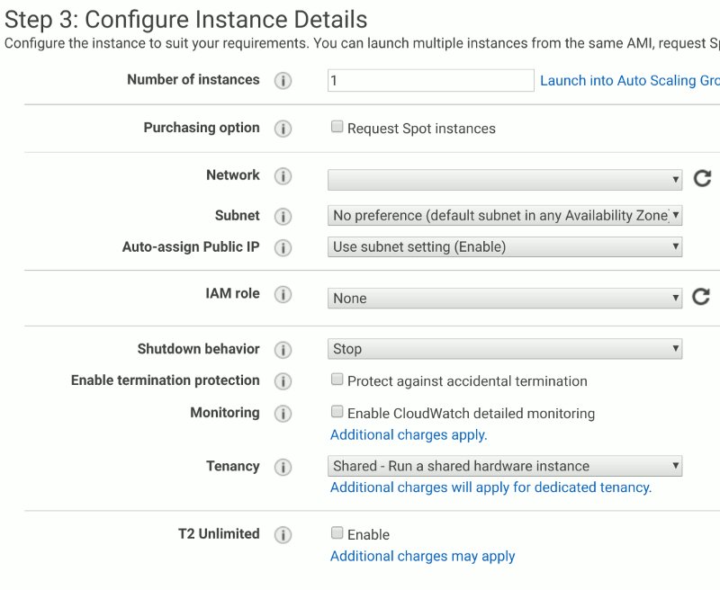 The AWS EC2 server creation wizard, showing various settings that can be chosen through the browser